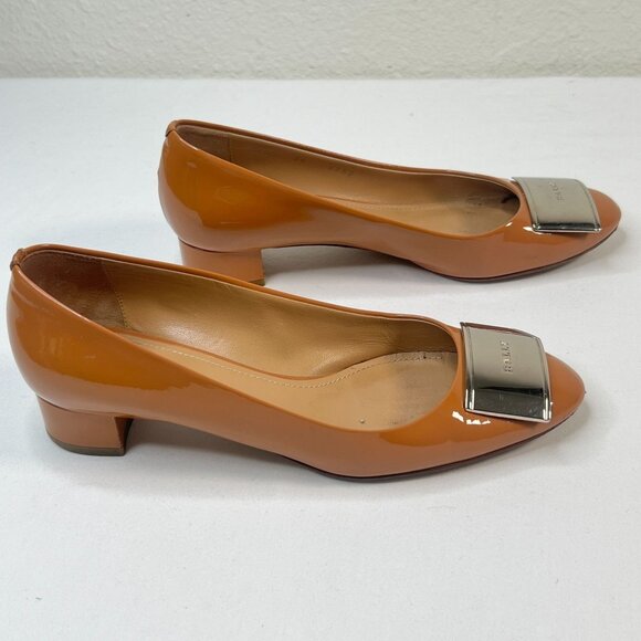 Bally Heline Patent Calf Leather Low Heels w/ metal Logo Plaque Brown 36 US 5.5 - Picture 3 of 16